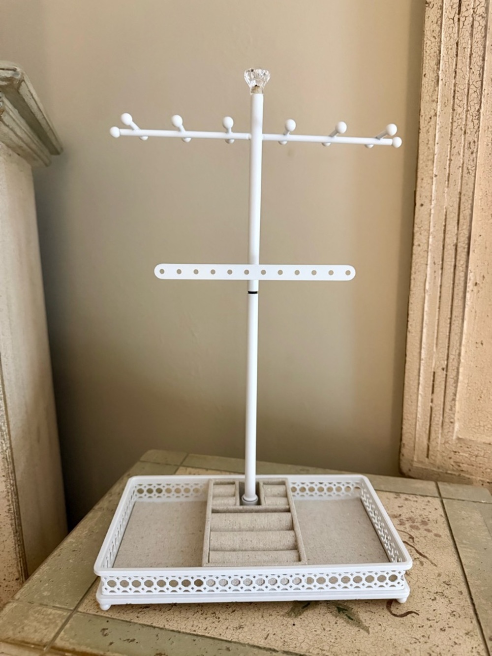 White Jewelry Organizer Stand with Tray - Multi-Tier Earring & Ring Holder